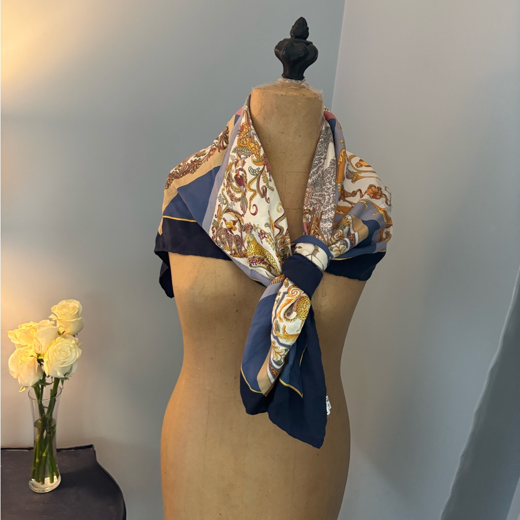Salvatore Ferragamo Blue And Gold Silk Scarf